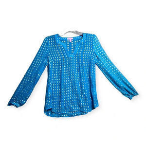 Lilly Pulitzer Colby Blue Top Silk Tunic Blouse XS Gold Sheer Ocean‎ Beach Prep
